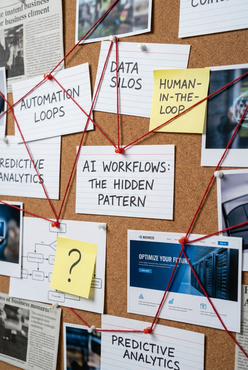 Corkboard mapping AI workflow opportunities, automation loops, data silos, and human judgment points